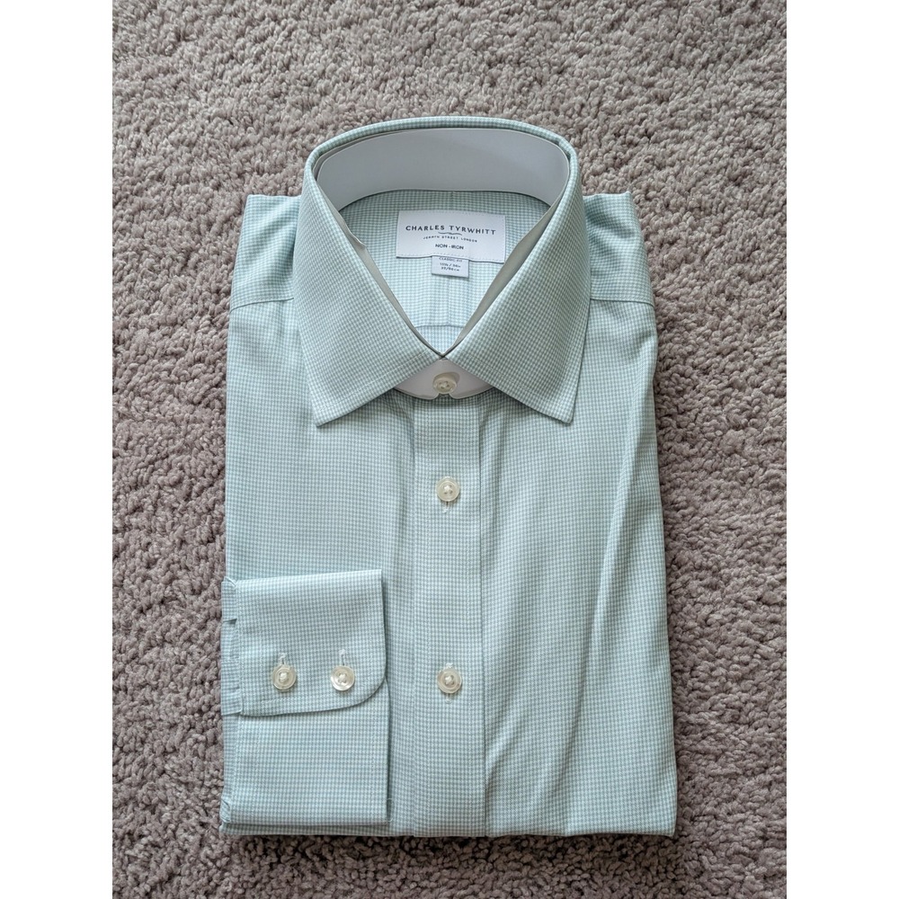 Charles Tyrwhitt Shirt 15.5/34 Green Puppytooth Classic Fit Button Up NWT